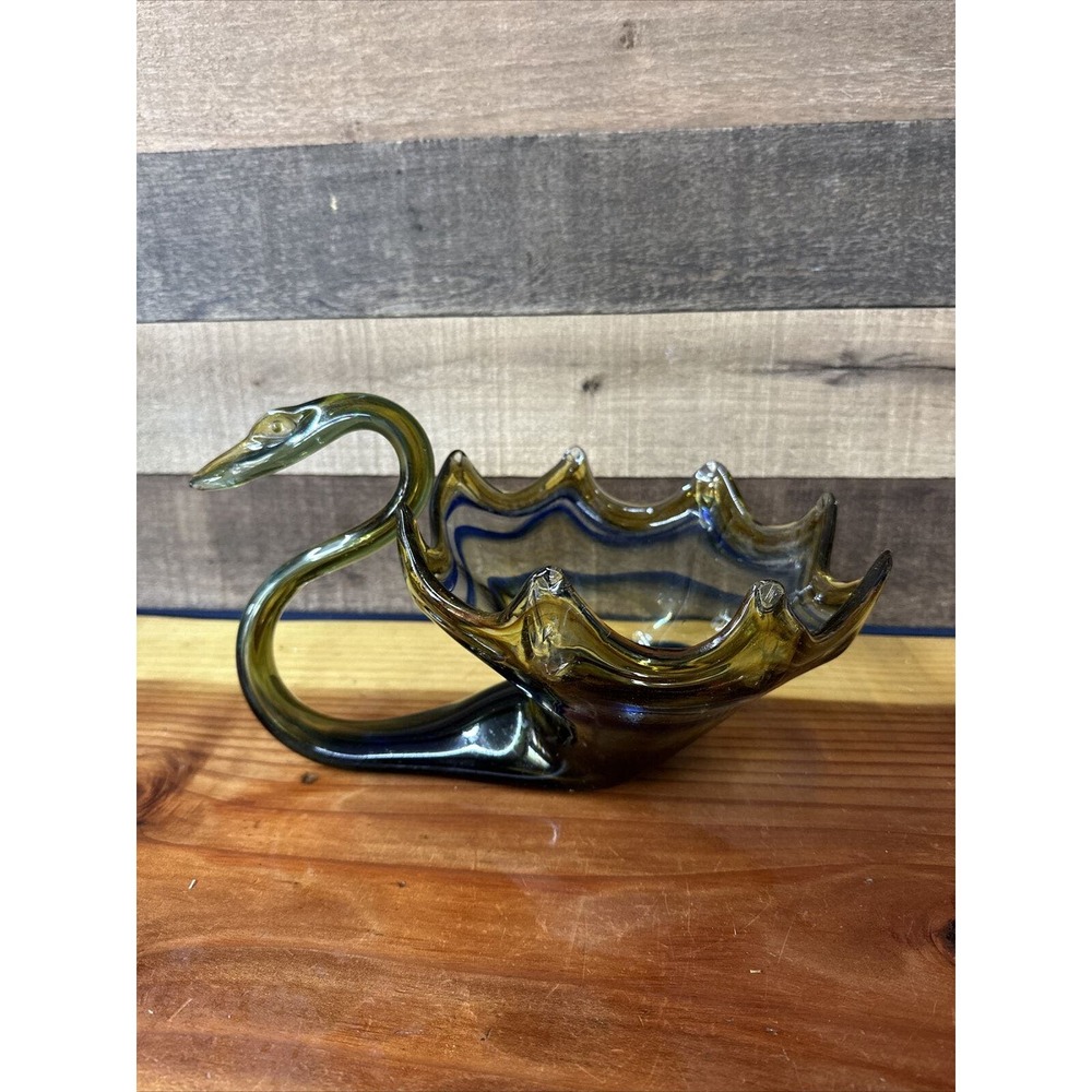 Vintage MCM Hand Blown Murano Style Sooner Swan Blue Yellow Art Glass Dish 11.5”